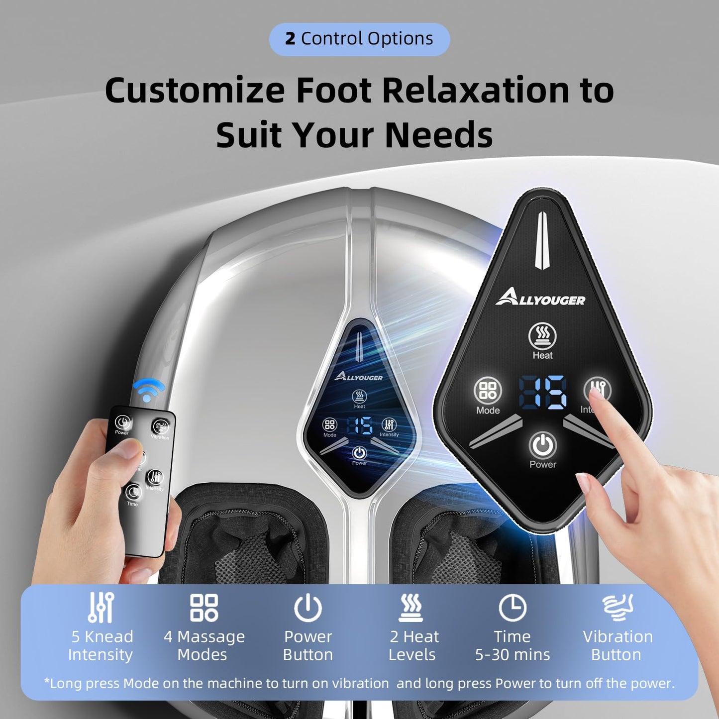 ALLYOUGER Shiatsu-Fußmassagegerät mit Wärme – Tiefknetmassage & Luftkompression bei Plantarfasziitis & Neuropathie, kabellose Steuerung
